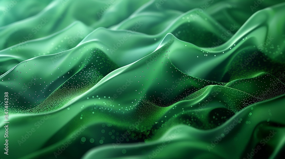 Obraz premium Abstract green silk fabric waves with particles.
