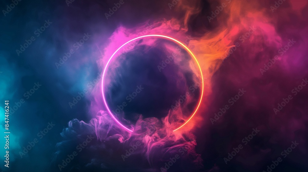Glowing neon circle with colorful smoke on a dark background.