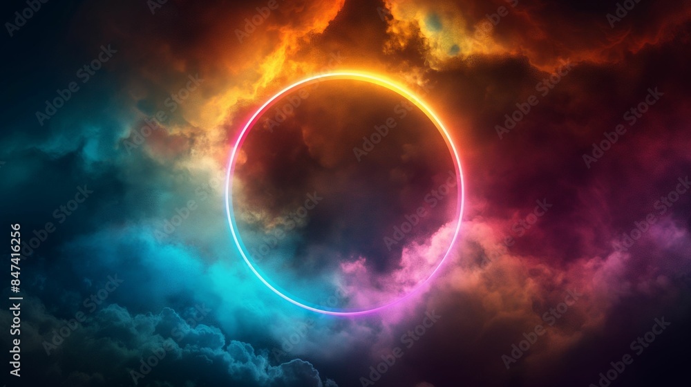 Glowing neon circle with colorful smoke on a dark background. Glowing neon circle with colorful smoke on a dark background.