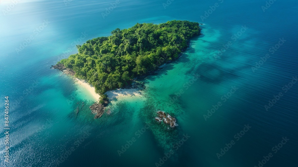 Aerial view of a tropical island with lush greenery and turquoise waters. Aerial view of a tropical island with lush greenery and turquoise waters.