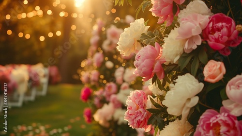 Wallpaper Mural Pink and white peonies in a garden with bokeh lights. Torontodigital.ca