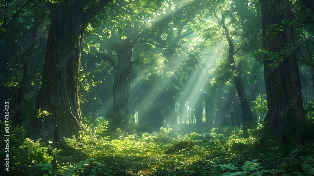 Obraz premium Enchanting Forest Landscape Bathed in Warm Sunlight Filtering Through Verdant Canopy