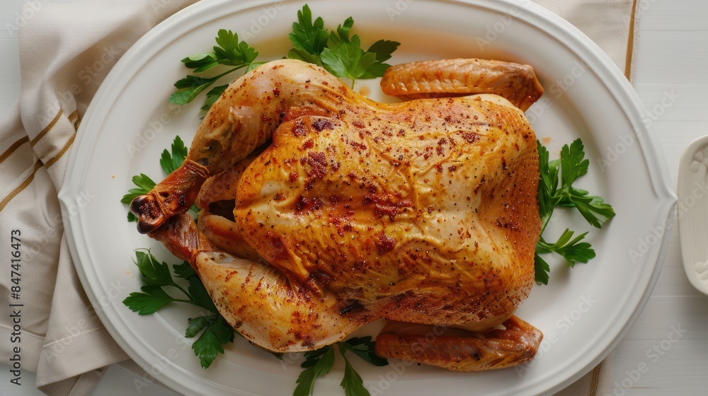 Whole chicken cooking dish on white ceramic plate restaurant food menu. Whole chicken cooking dish on white ceramic plate restaurant food menu.