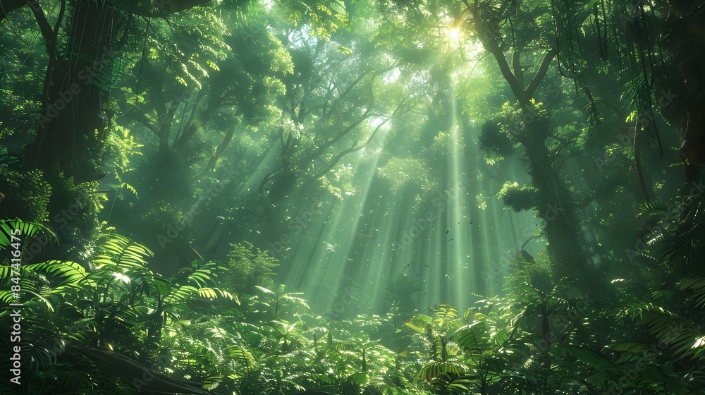 Lush Verdant Forest Landscape with Towering Ancient Trees and Warm Sunlight Filtering Through the Canopy Lush Verdant Forest Landscape with Towering Ancient Trees and Warm Sunlight Filtering Through the Canopy