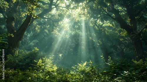 Lush Verdant Forest Landscape with Towering Ancient Trees and Warm Sunlight Filtering Through Canopy