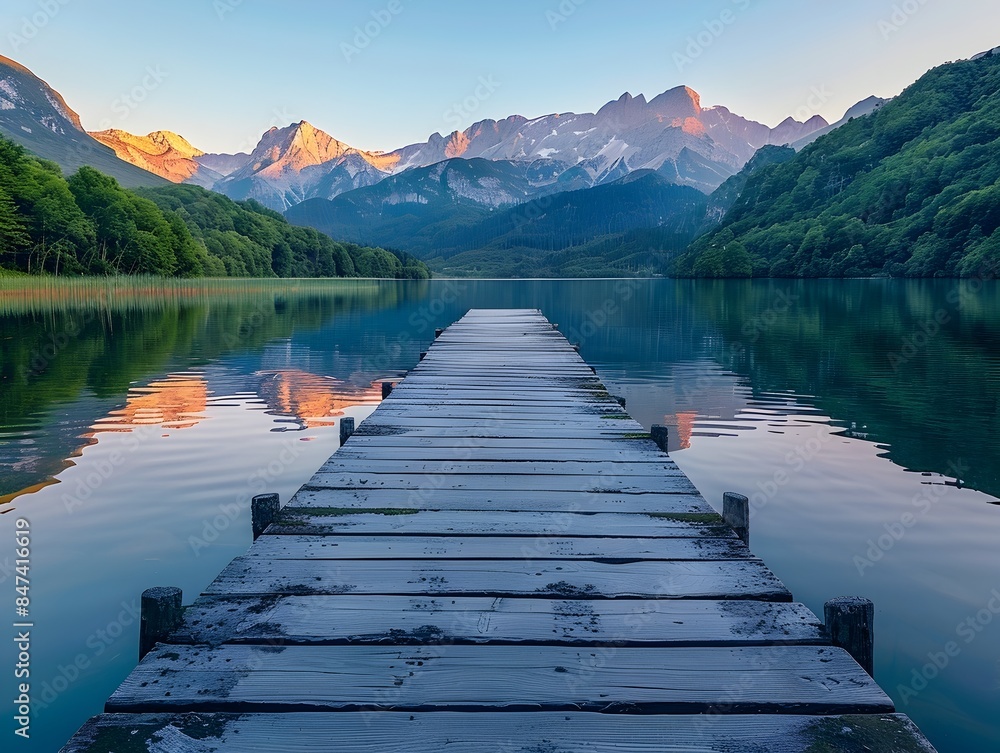 Tranquil Lakeside Dock with Majestic Mountain Peaks and Golden Hour Lighting Tranquil Lakeside Dock with Majestic Mountain Peaks and Golden Hour Lighting