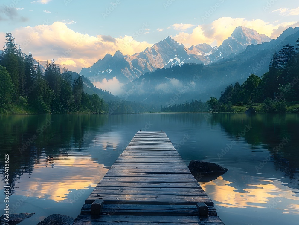 Tranquil Lakeside Dock with Majestic Mountain Peaks and Golden Hour Glow Tranquil Lakeside Dock with Majestic Mountain Peaks and Golden Hour Glow
