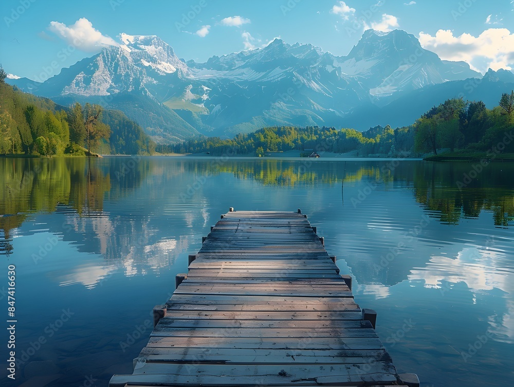 Tranquil Lakeside Dock with Majestic Mountain Peaks and Golden Hour Lighting Tranquil Lakeside Dock with Majestic Mountain Peaks and Golden Hour Lighting