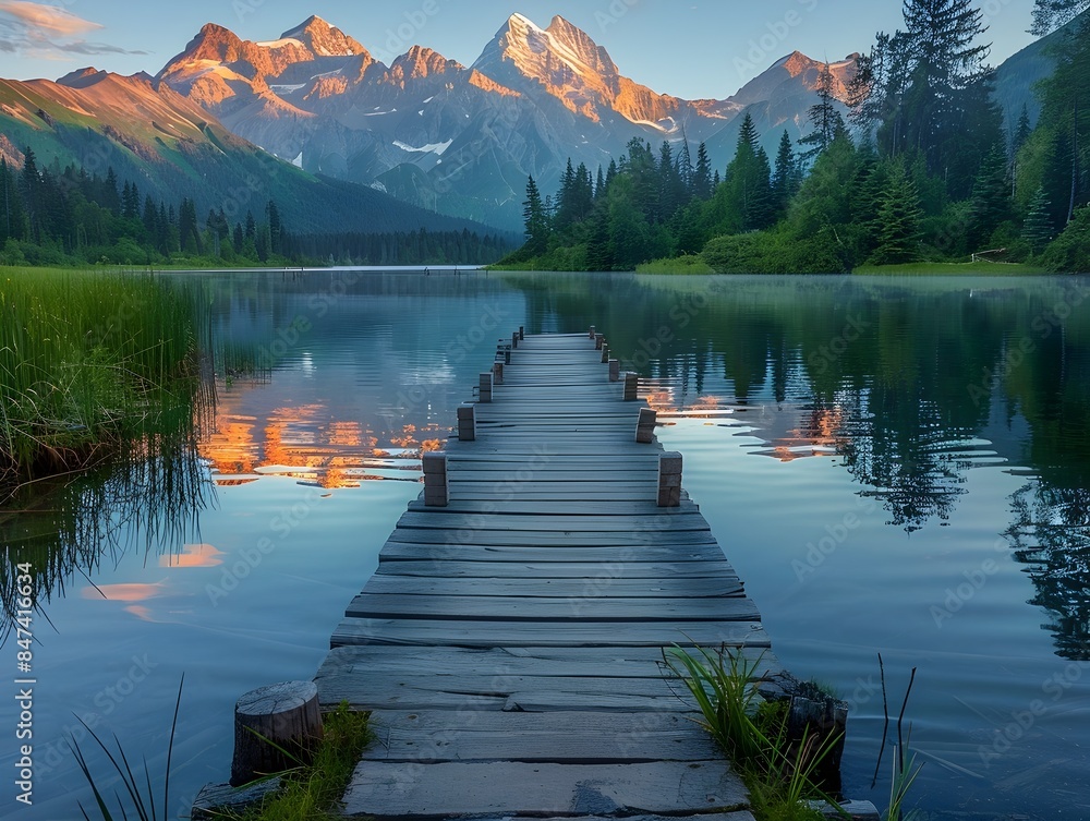 Tranquil Lakeside Dock with Majestic Mountain Peaks and Golden Hour Lighting Tranquil Lakeside Dock with Majestic Mountain Peaks and Golden Hour Lighting