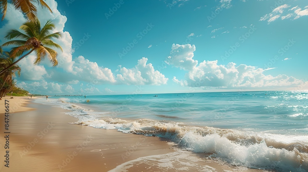 Stunning Tropical Coastal Paradise with Crashing Ocean Waves and Swaying Palm Trees Stunning Tropical Coastal Paradise with Crashing Ocean Waves and Swaying Palm Trees