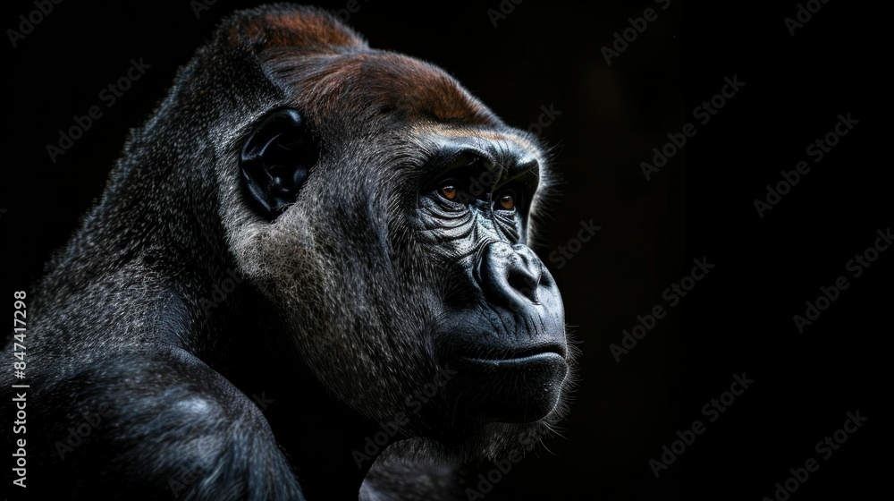 Gorilla face close up portrait in the dark background, wildlife nature photography concept Gorilla face close up portrait in the dark background, wildlife nature photography concept