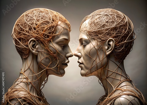 Two Heads Made Of Copper Wires Facing Each Other On A Beige Background. photo