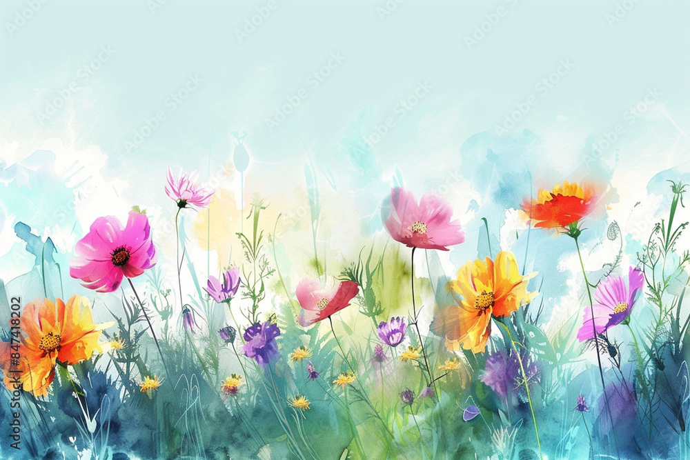 Obraz premium Vibrant floral background with a wildflower meadow, representing the diverse and nurturing nature of mothers. Bright colors, watercolor