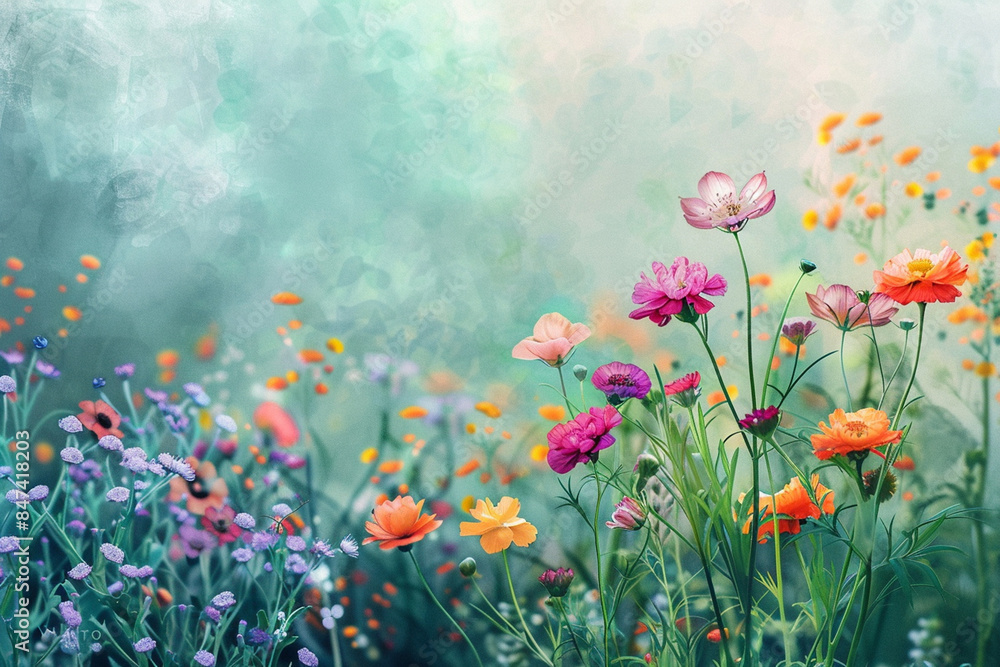 Obraz premium Vibrant floral background with a wildflower meadow, representing the diverse and nurturing nature of mothers. Bright colors, watercolor