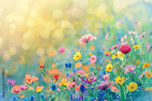 Vibrant floral background with a wildflower meadow, representing the diverse and nurturing nature of mothers. Bright colors, watercolor