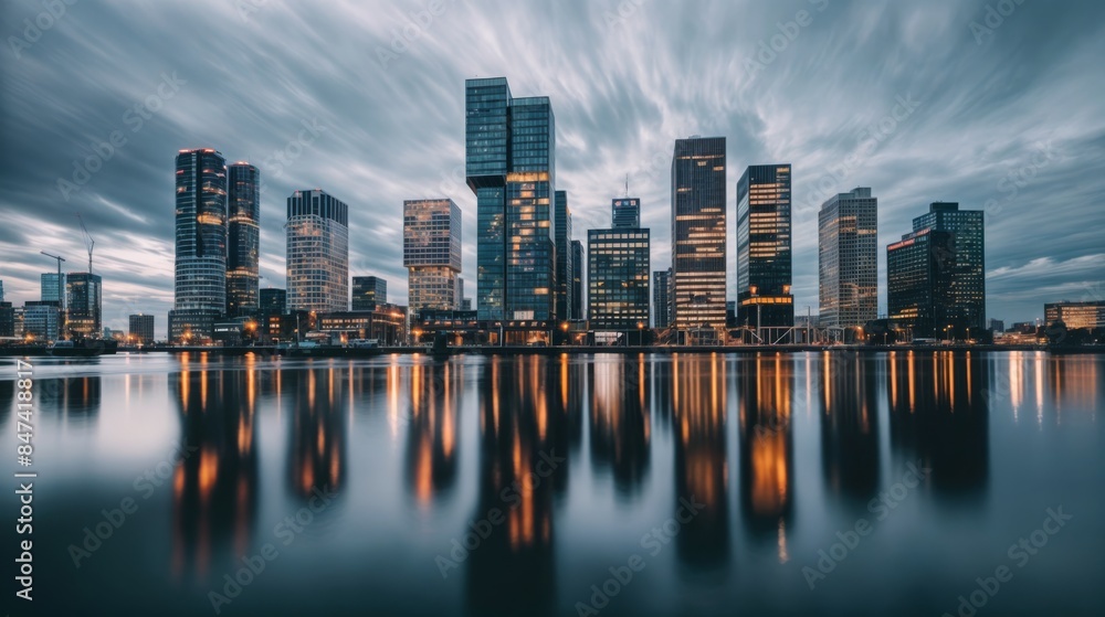 City skyline reflected on water at twilight City skyline reflected on water at twilight