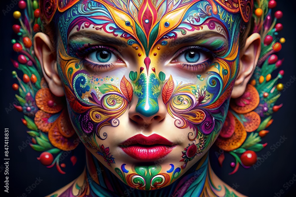 Vibrant Colors Of A Woman'S Face Painted With Intricate Patterns And Designs Vibrant Colors Of A Woman'S Face Painted With Intricate Patterns And Designs