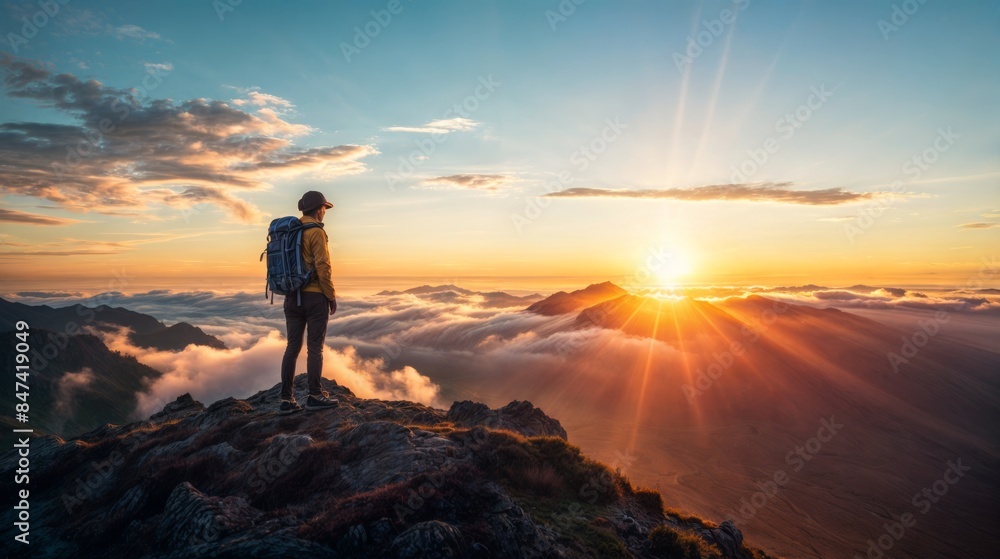 Fototapeta premium Hiker on a mountain peak at sunrise above the clouds