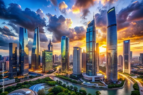 A Stunning Cityscape Of Shanghai, China At Sunset. The Image Captures The City'S Modern Architecture. photo
