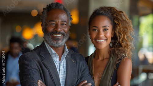 Happy multi ethnic business couple posing with arms crossed