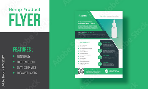 Hemp CBD Oil Flyer Template With Leaflet Poster Layout Design | Business Advertisement Flyer | Editable Organized Layer A4 Size Template