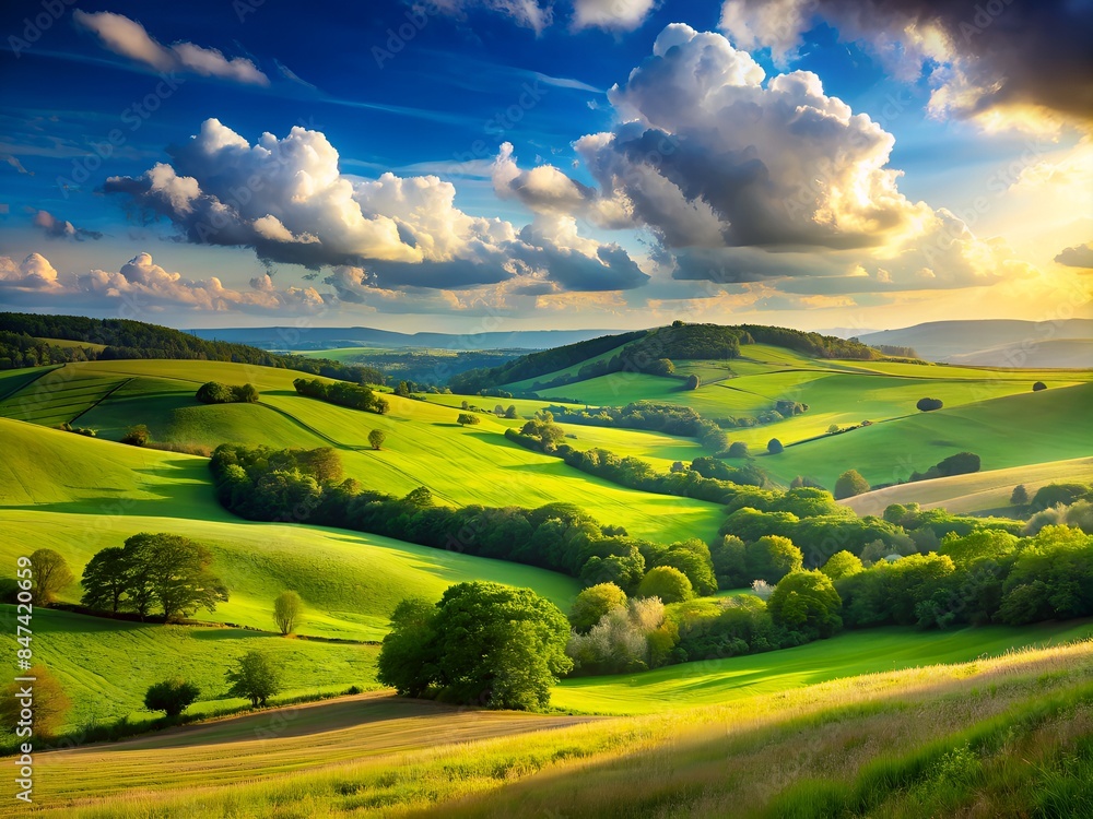 Obraz premium Amazing Green Hills Landscape Under A Cloudy Blue Sky