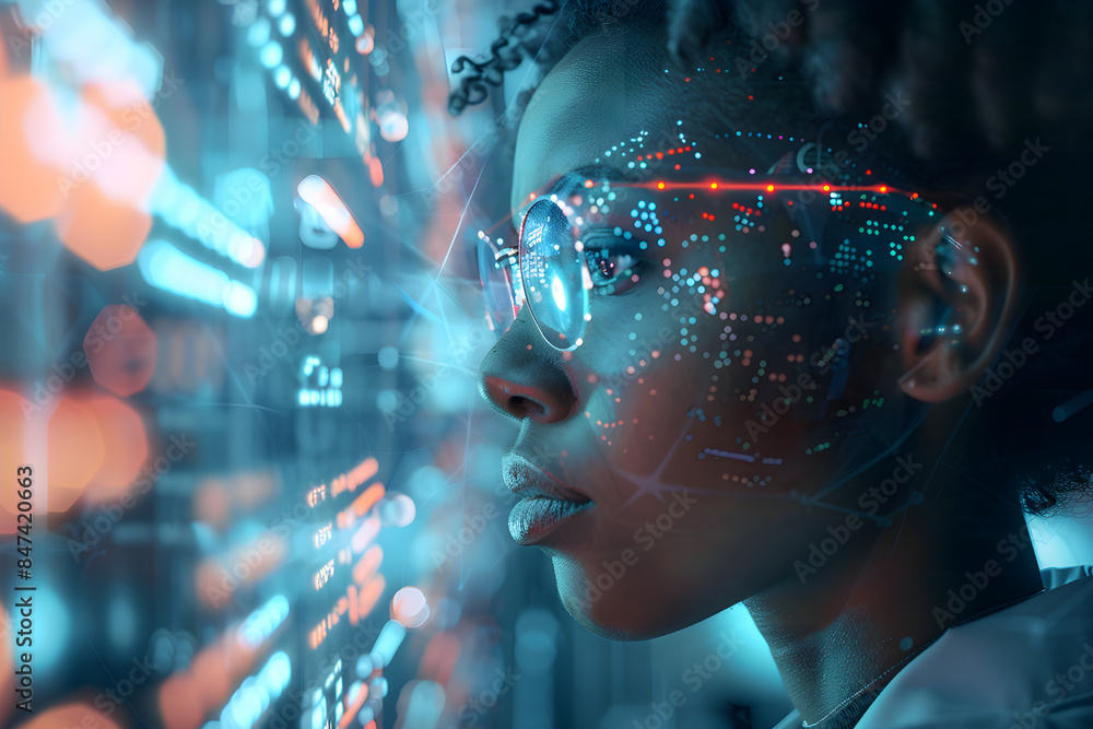 African American IT specialist woman analyzing information, surrounded by artificial intelligence elements. African American IT specialist woman analyzing information, surrounded by artificial intelligence elements.