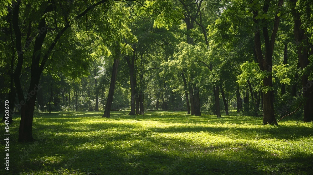 A lush green forest with sunlight streaming through the trees. A lush green forest with sunlight streaming through the trees.