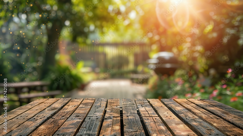 Backyard Garden BBQ with Grill and Wooden Table in Summer, Blurred Background Backyard Garden BBQ with Grill and Wooden Table in Summer, Blurred Background