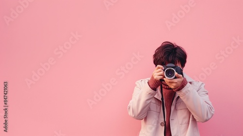 Design a neutral background with a person taking photos.