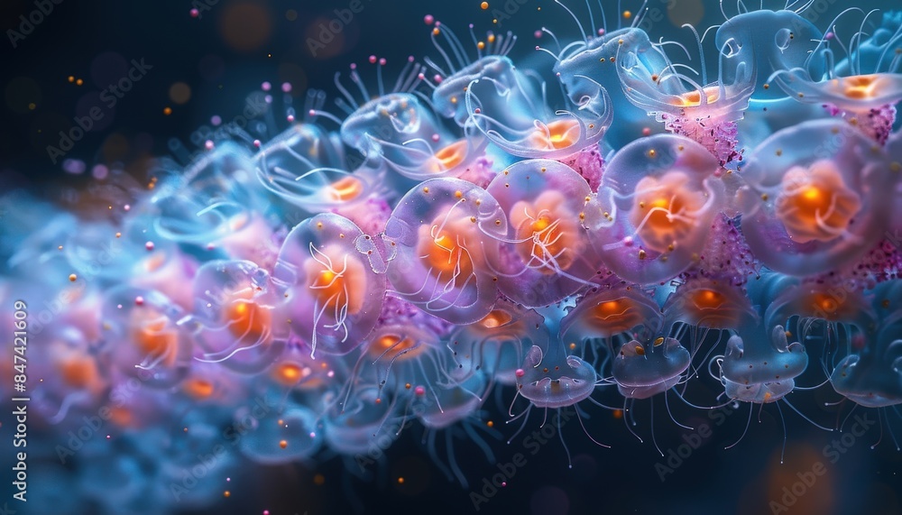 Detailed close-up of vibrant marine organisms, showcasing their intricate structures and glowing colors in an underwater setting.