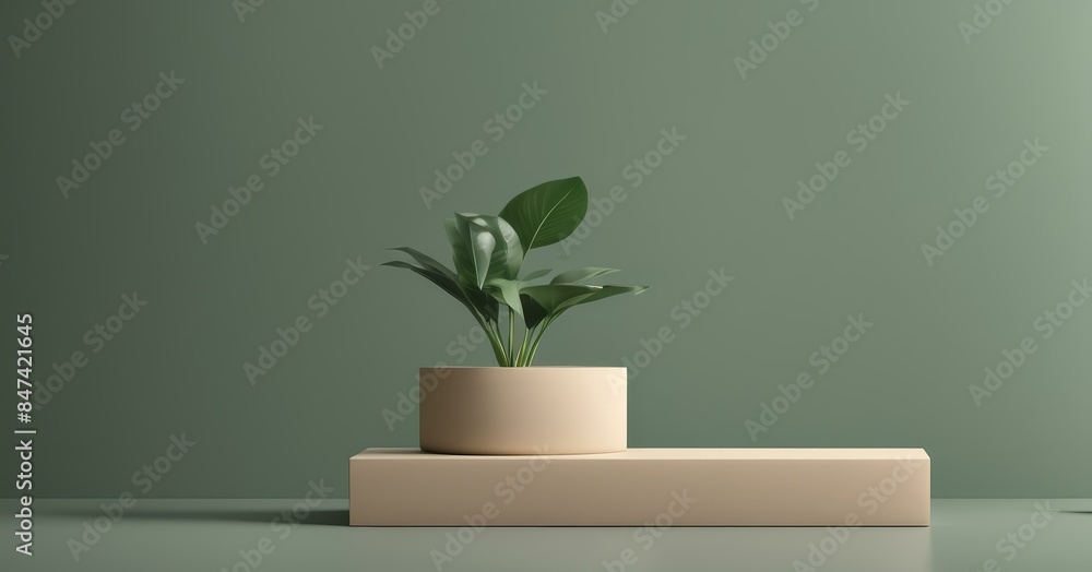 A minimalist scene with a green leafy plant in a beige pot, situated on a beige rectangular platform. The background is a muted green wall, creating a serene and harmonious composition. A minimalist scene with a green leafy plant in a beige pot, situated on a beige rectangular platform. The background is a muted green wall, creating a serene and harmonious composition.
