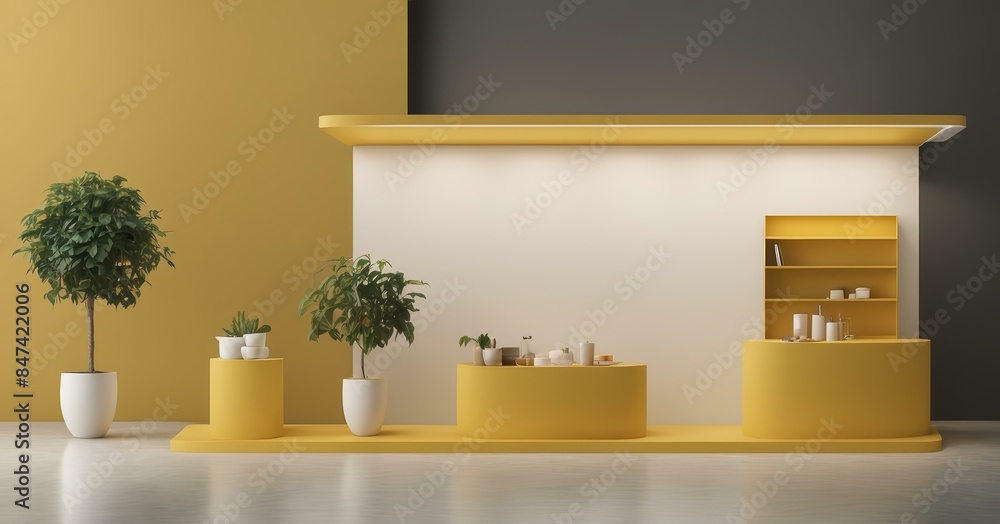 A minimalist modern interior design featuring a yellow and white theme with potted plants, cylindrical displays, and shelving containing decorative items against a two-tone wall background. A minimalist modern interior design featuring a yellow and white theme with potted plants, cylindrical displays, and shelving containing decorative items against a two-tone wall background.