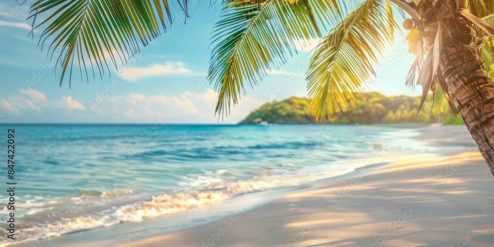Tropical beach with palm trees and calm ocean waves, under a bright blue sky with scattered clouds. Perfect for travel and vacation themes Tropical beach with palm trees and calm ocean waves, under a bright blue sky with scattered clouds. Perfect for travel and vacation themes