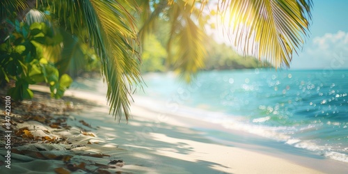 Fototapeta Naklejka Na Ścianę i Meble -  Tropical beach with palm trees and calm ocean waves, under a bright blue sky with scattered clouds. Perfect for travel and vacation themes