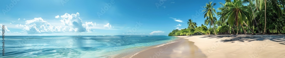 Tropical beach with palm trees and calm ocean waves, under a bright blue sky with scattered clouds. Perfect for travel and vacation themes Tropical beach with palm trees and calm ocean waves, under a bright blue sky with scattered clouds. Perfect for travel and vacation themes