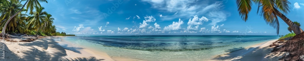 Tropical beach with palm trees and calm ocean waves, under a bright blue sky with scattered clouds. Perfect for travel and vacation themes Tropical beach with palm trees and calm ocean waves, under a bright blue sky with scattered clouds. Perfect for travel and vacation themes