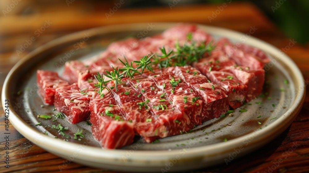 Raw Beef Short Ribs Garnished with Herbs