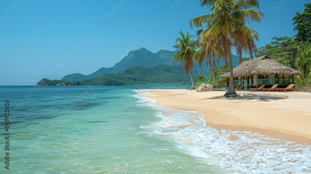 Tropical beach with palm trees and calm ocean waves, under a bright blue sky with scattered clouds. Perfect for travel and vacation themes Tropical beach with palm trees and calm ocean waves, under a bright blue sky with scattered clouds. Perfect for travel and vacation themes