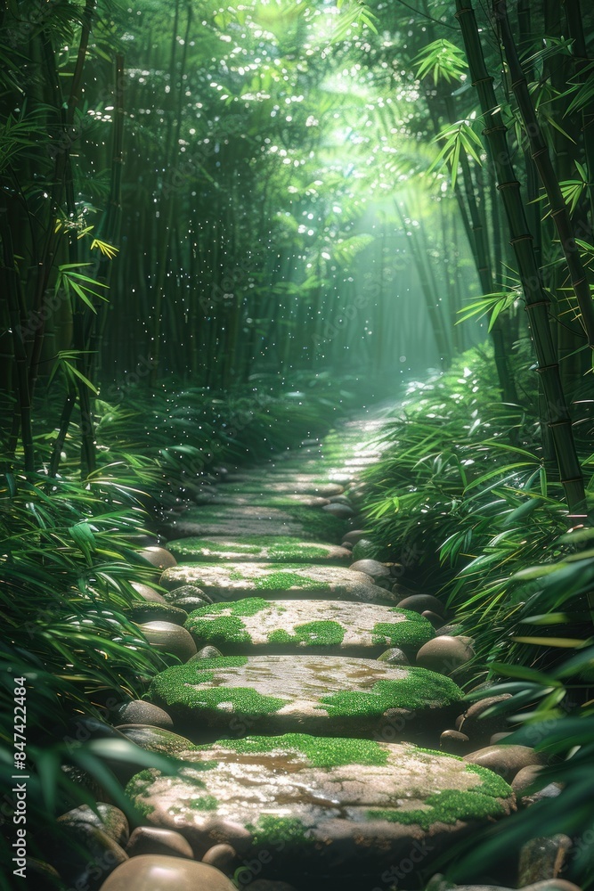 Stone Path Through a Lush Bamboo Forest Stone Path Through a Lush Bamboo Forest