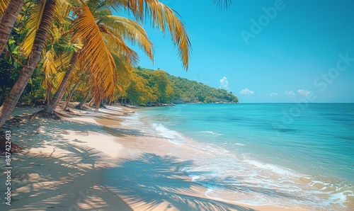 Tropical beach with palm trees and calm ocean waves, under a bright blue sky with scattered clouds. Perfect for travel and vacation themes photo