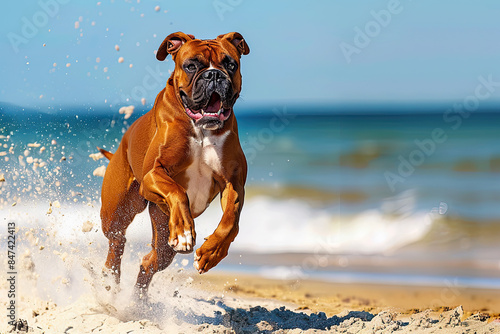 Action shot of a Boxer running on a beach, waves and clear sky, high contrast sunlight.