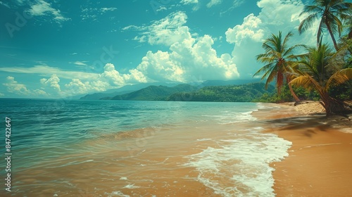 Tropical beach with palm trees and calm ocean waves, under a bright blue sky with scattered clouds. Perfect for travel and vacation themes photo