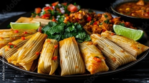 Delicious homemade Mexican tamales with vibrant garnishes of cilantro, lime, salsa, and fresh diced tomatoes on a black plate photo