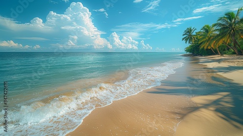 Tropical beach with palm trees and calm ocean waves, under a bright blue sky with scattered clouds. Perfect for travel and vacation themes photo