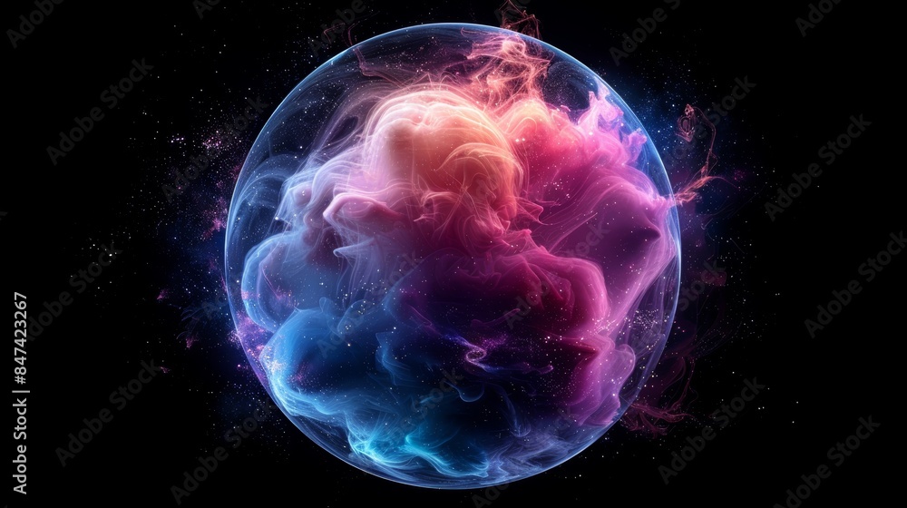 Abstract sphere of swirling colorful smoke against a dark background. Abstract sphere of swirling colorful smoke against a dark background.