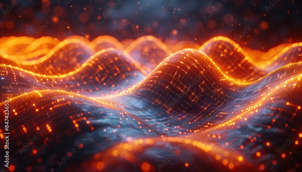 Abstract image of glowing digital waves with orange lights, showcasing a futuristic and dynamic design in a high-tech environment. Abstract image of glowing digital waves with orange lights, showcasing a futuristic and dynamic design in a high-tech environment.
