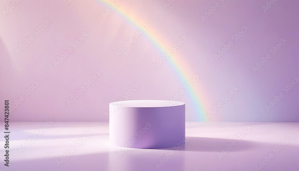 Cylinder podium on soft light background with rainbow crystal, for product background and packaging mock ups, presentation Cylinder podium on soft light background with rainbow crystal, for product background and packaging mock ups, presentation