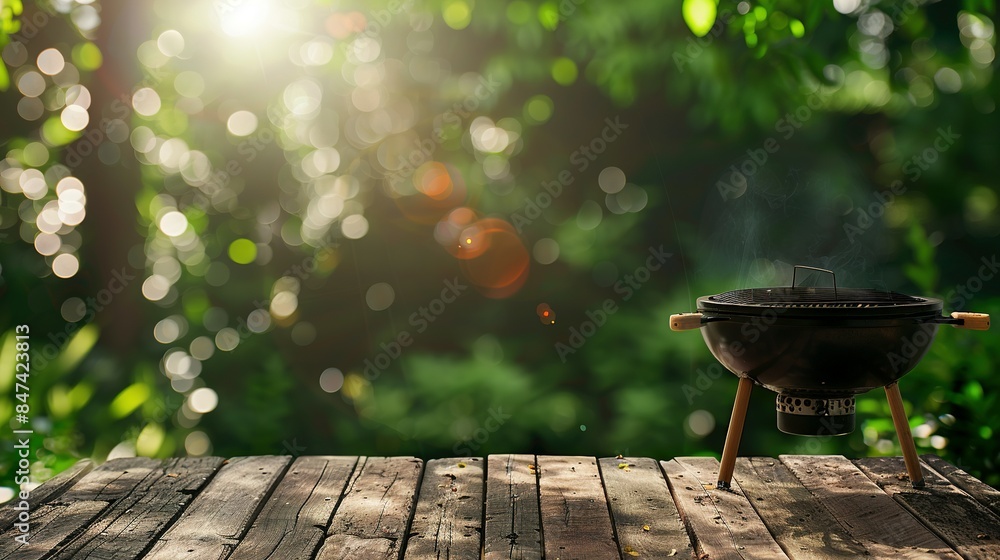 Backyard Summer BBQ with Wooden Table and Grill, Blurred Garden Background Backyard Summer BBQ with Wooden Table and Grill, Blurred Garden Background