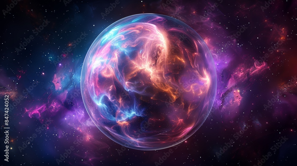 Obraz premium A vibrant, glowing sphere surrounded by a cosmic nebula. The sphere is filled with swirling colors of blue, purple, and orange.